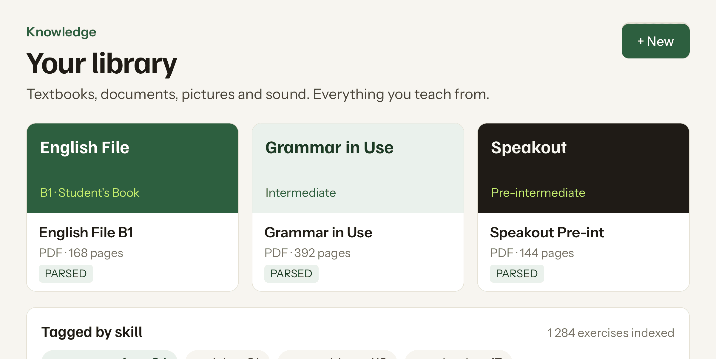 The Knowledge library: four parsed textbooks and exercises tagged by skill