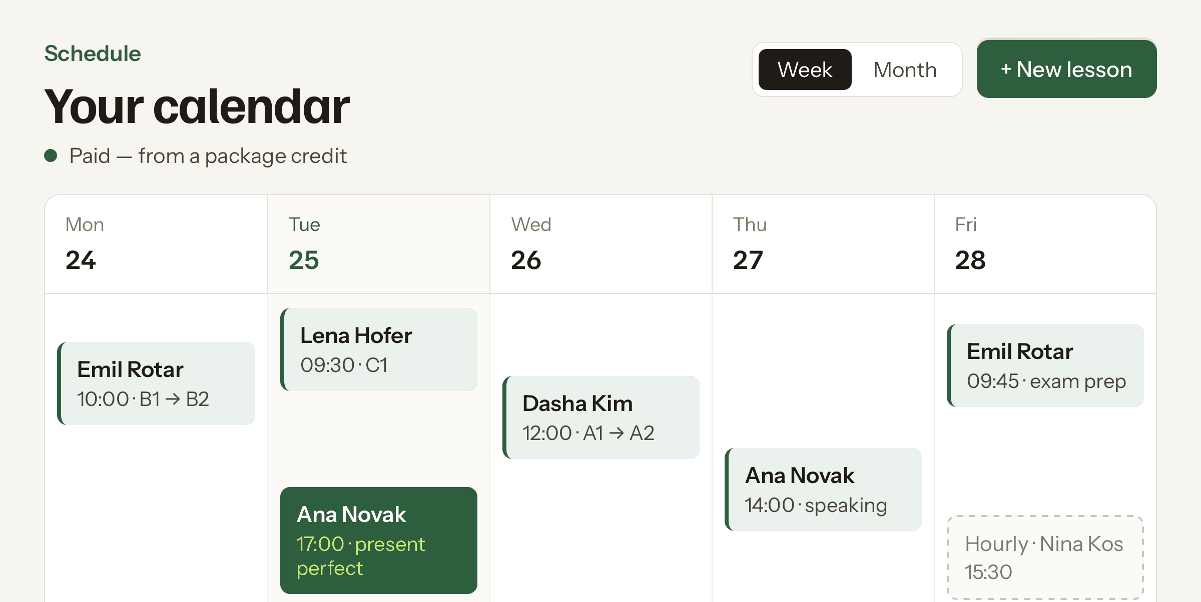 The week view with nine lessons, synced with Google Calendar